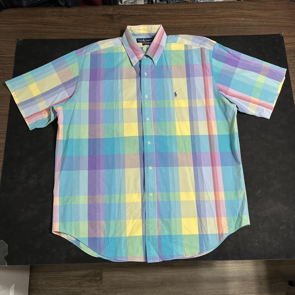 Ralph Lauren Blaire Shirt Mens Large Pastel Madras Vintage Polo Purple Pony 90s